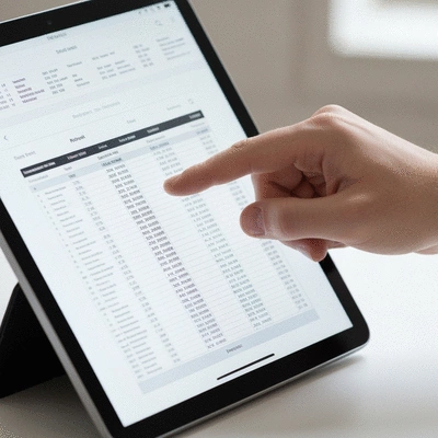 Close-up of a hand interacting with a spreadsheet on a tablet, highlighting a dynamic list, modern tech, bright, clean, no text, no words, no typography, 8K