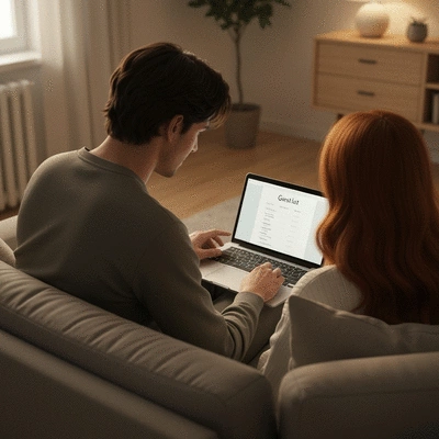 Couple reviewing guest list on a laptop