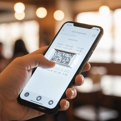Close-up of a hand holding a smartphone, scanning a receipt, with a blurred travel background, emphasizing on-the-go expense tracking.