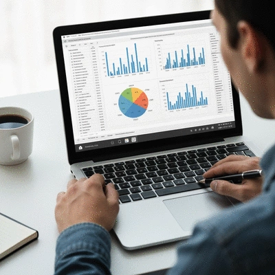 Person studying financial reports on a laptop, with Excel charts visible, representing continuous learning and skill development