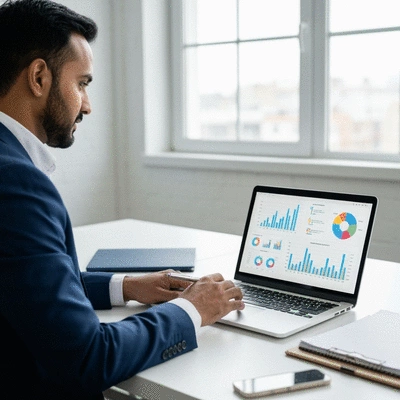 Financial analyst using Excel for data analysis, with charts and graphs on screen, representing growth and insights